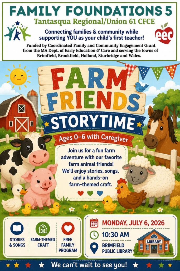 Flyer for Farm Friends Storytime featuring cartoon farm animals and barn